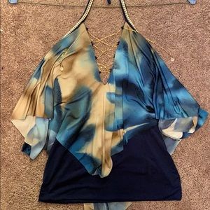 Open-back sexy blue halter top